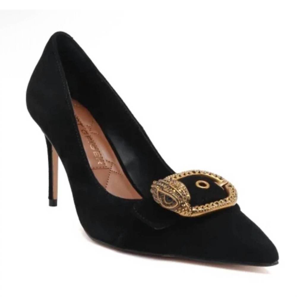 Kurt Geiger Black Suede Pointed Pump with Gold Embellished Buckle